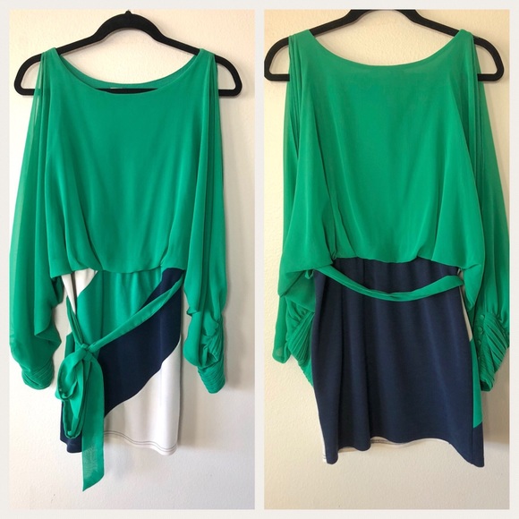 Green Navy White Colorblock Chiffon Dress Size Med - Picture 3 of 5